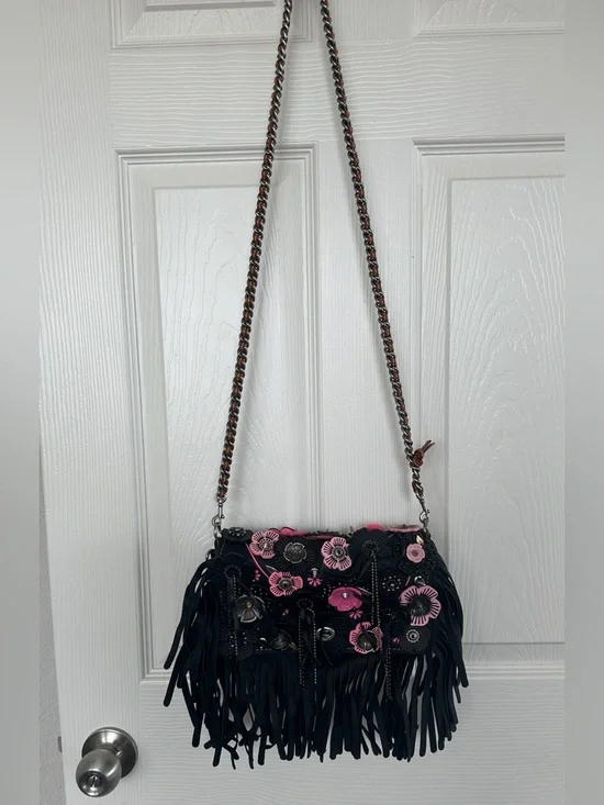 Coach Black Pink Wild Tea Rose Fringe Dinky NWOT Leather Never Carried - Picture 2 of 9